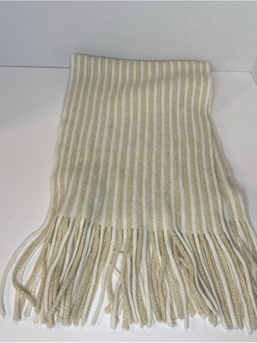 Cream  and gold sparkled Fringe Stripe Throw Scarf - Unbranded